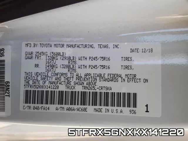 5TFRX5GNXKX141220 фото 2