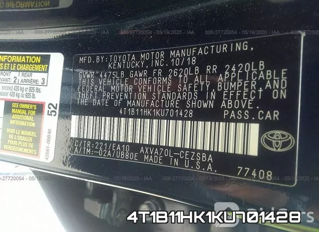 4T1B11HK1KU701428 фото 10