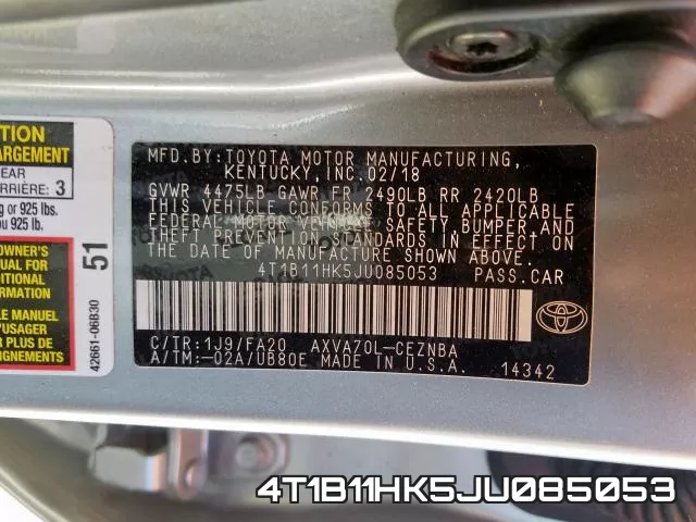 4T1B11HK5JU085053 фото 2