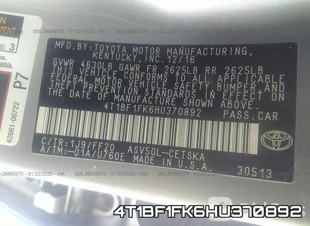 4T1BF1FK6HU370892 фото 10