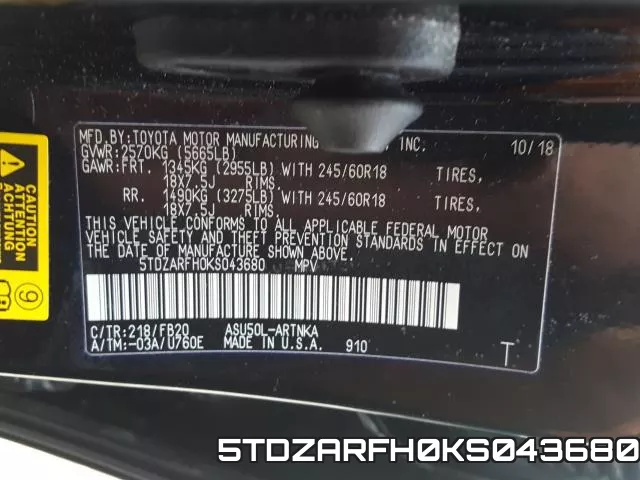5TDZARFH0KS043680 фото 2