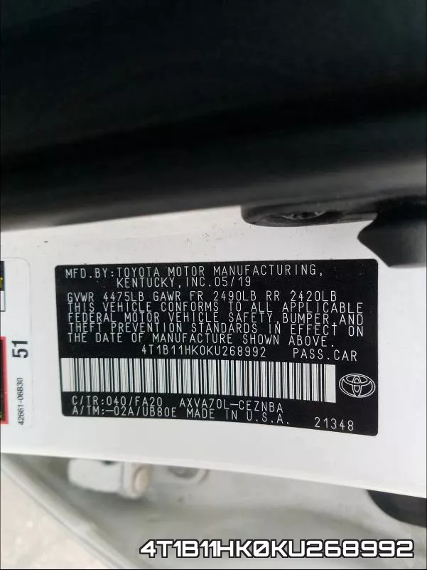 4T1B11HK0KU268992 фото 2