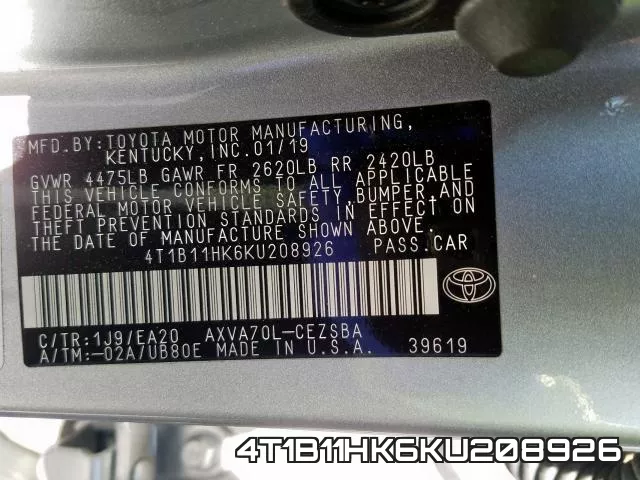 4T1B11HK6KU208926 фото 2