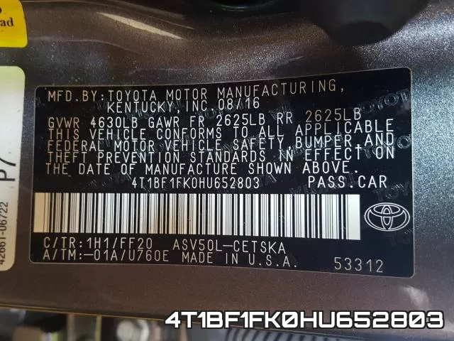 4T1BF1FK0HU652803 фото 2
