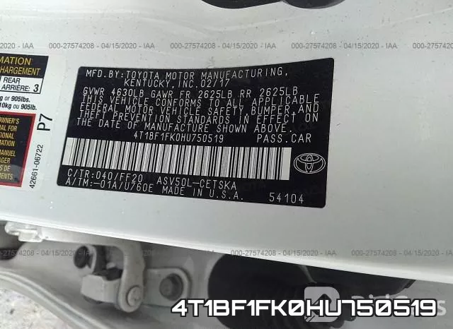 4T1BF1FK0HU750519 фото 10