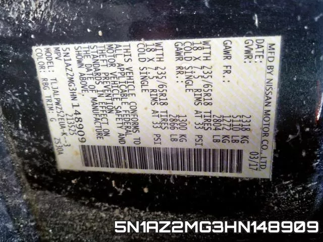 5N1AZ2MG3HN148909 фото 2