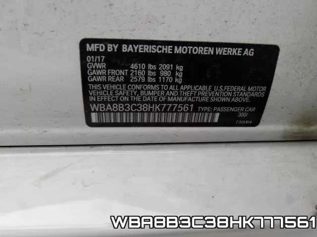 WBA8B3C38HK777561 фото 2