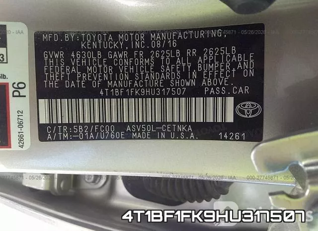 4T1BF1FK9HU317507 фото 10