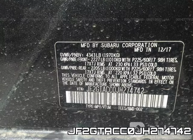 JF2GTACC0JH274742 фото 10
