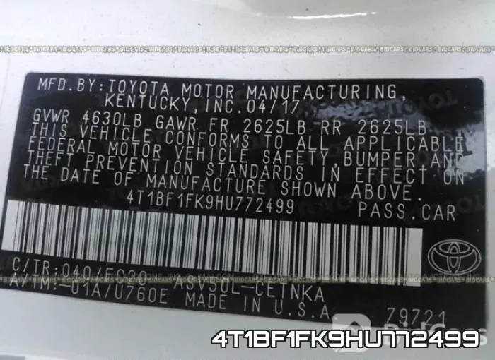 4T1BF1FK9HU772499 фото 10