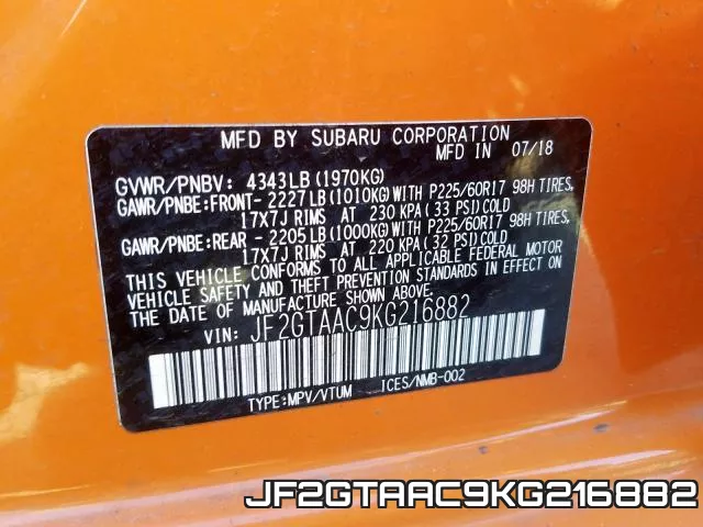 JF2GTAAC9KG216882 фото 2