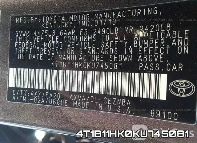4T1B11HK0KU745081 фото 10