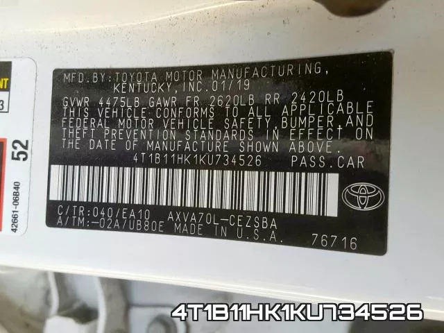4T1B11HK1KU734526 фото 2