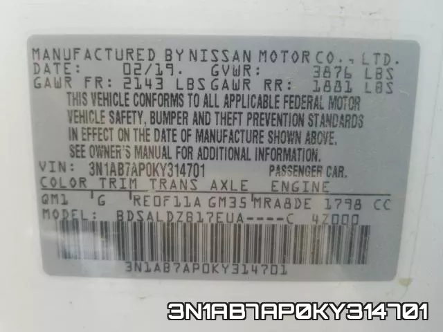 3N1AB7AP0KY314701 фото 2