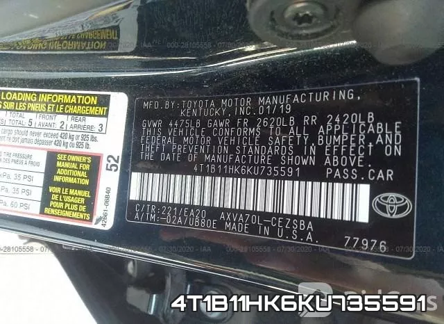 4T1B11HK6KU735591 фото 9