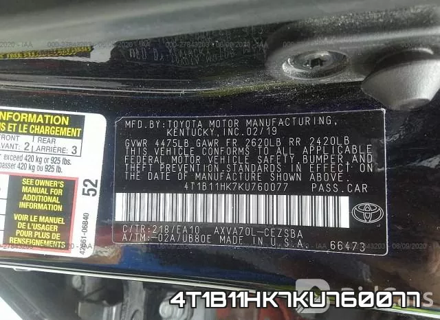 4T1B11HK7KU760077 фото 10