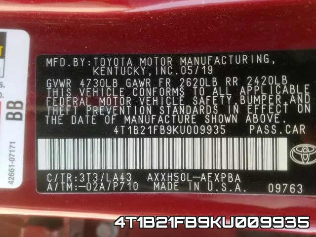 4T1B21FB9KU009935 фото 2