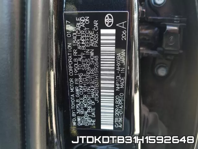 JTDKDTB31H1592648 фото 2