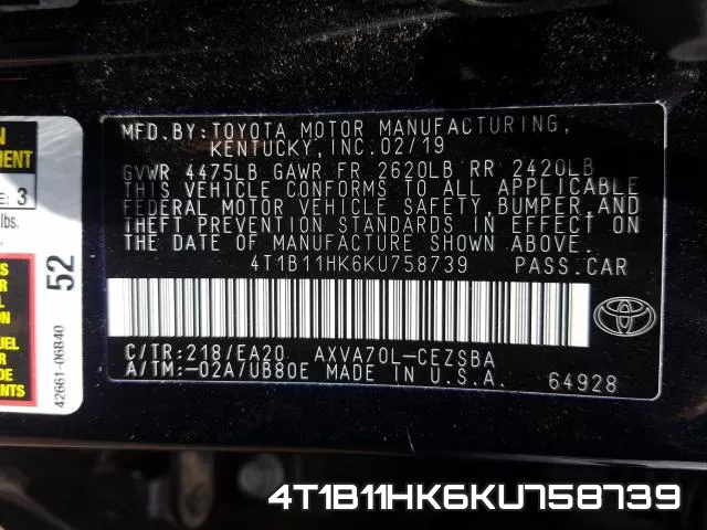 4T1B11HK6KU758739 фото 2