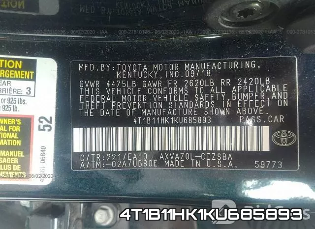 4T1B11HK1KU685893 фото 10