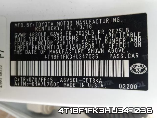 4T1BF1FK3HU347036 фото 2