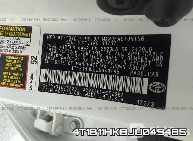 4T1B11HK8JU049485 фото 10