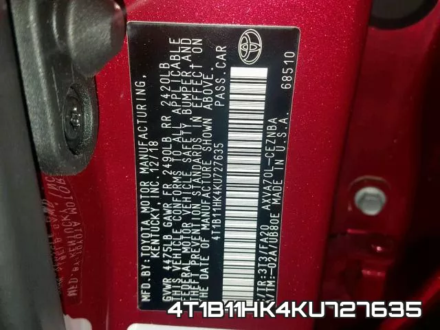 4T1B11HK4KU727635 фото 2