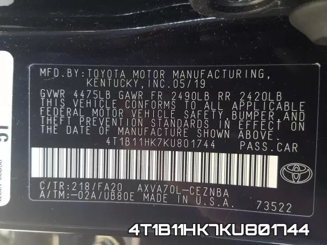 4T1B11HK7KU801744 фото 2