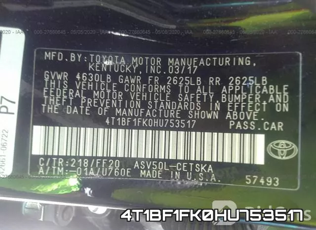 4T1BF1FK0HU753517 фото 10