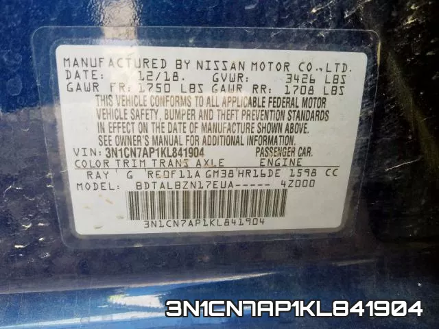 3N1CN7AP1KL841904 фото 2