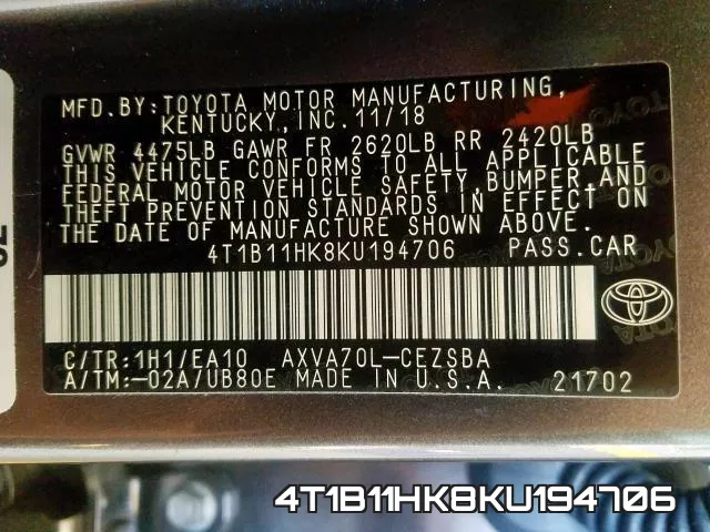 4T1B11HK8KU194706 фото 2