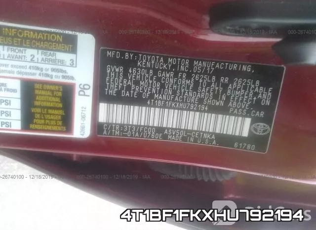4T1BF1FKXHU792194 фото 10