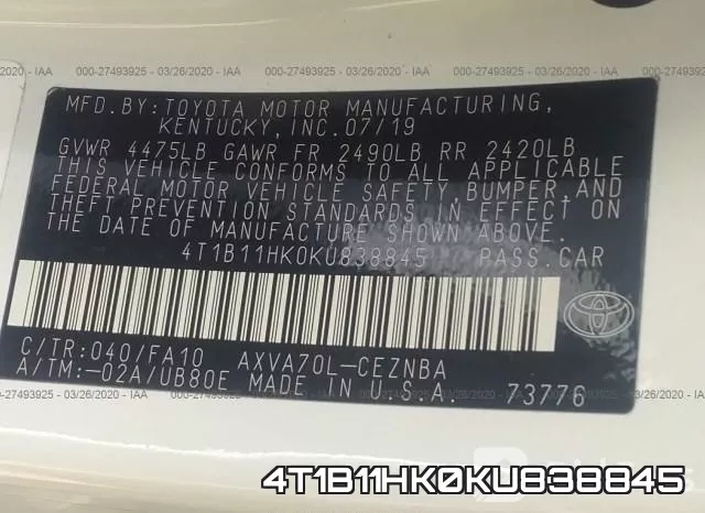 4T1B11HK0KU838845 фото 9