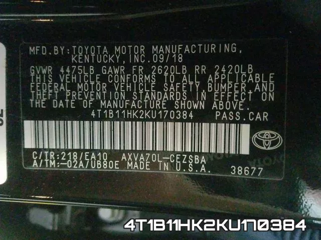 4T1B11HK2KU170384 фото 2