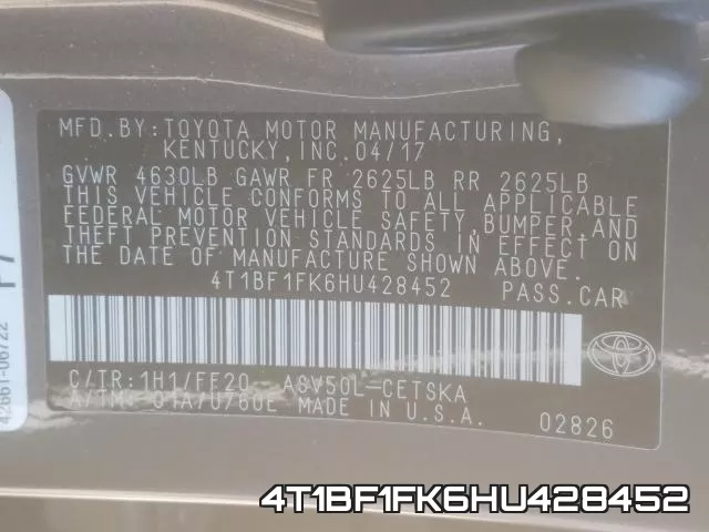 4T1BF1FK6HU428452 фото 2
