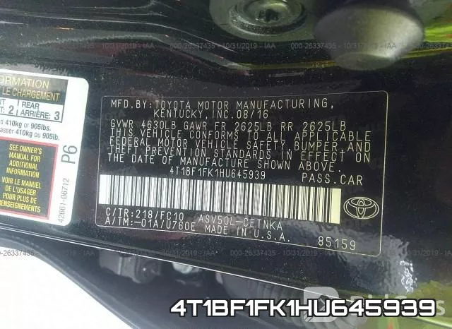 4T1BF1FK1HU645939 фото 10