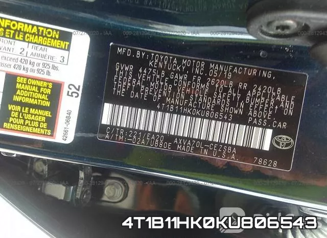 4T1B11HK0KU806543 фото 9