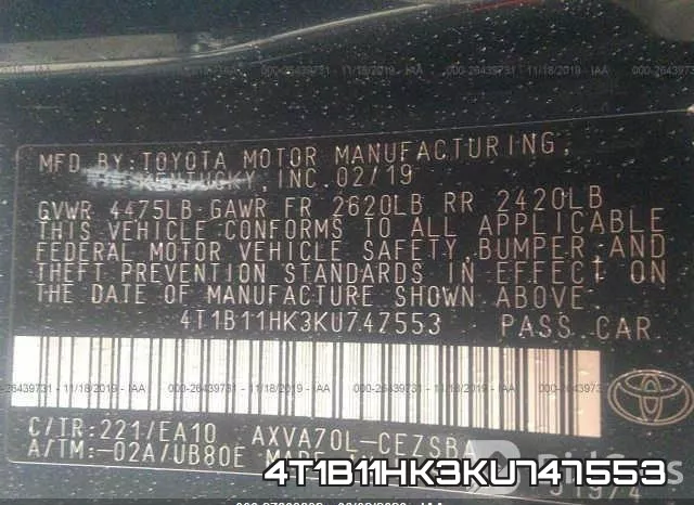 4T1B11HK3KU747553 фото 10