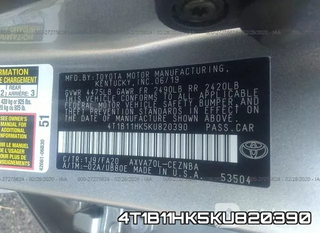 4T1B11HK5KU820390 фото 10