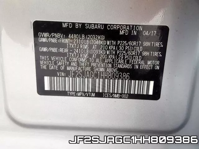 JF2SJAGC1HH809386 фото 2