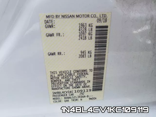 1N4BL4CV1KC109119 фото 2