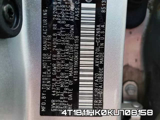 4T1B11HK0KU708158 фото 2