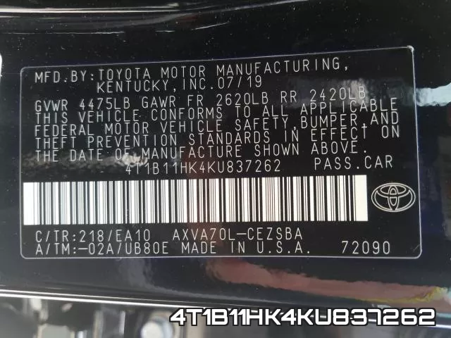4T1B11HK4KU837262 фото 2