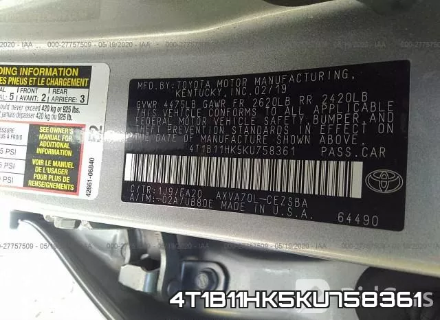 4T1B11HK5KU758361 фото 10