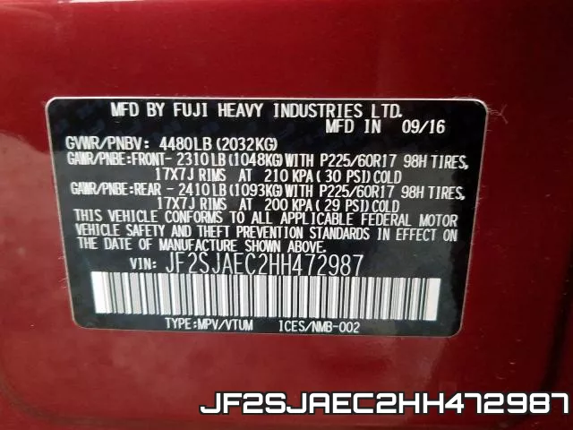 JF2SJAEC2HH472987 фото 2