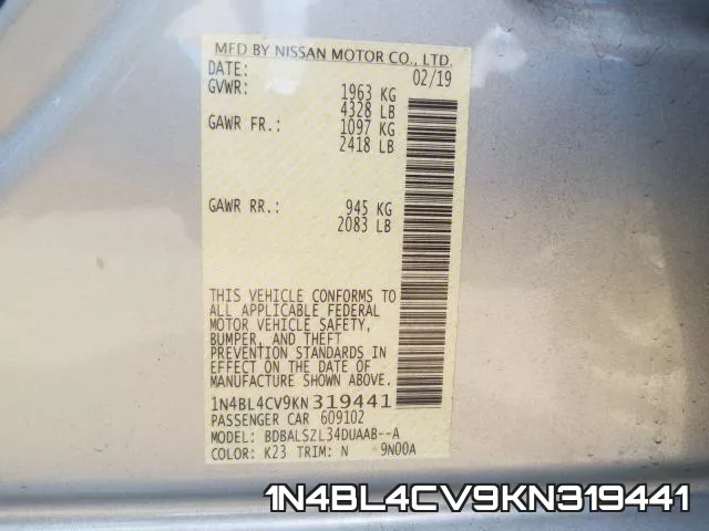 1N4BL4CV9KN319441 фото 2