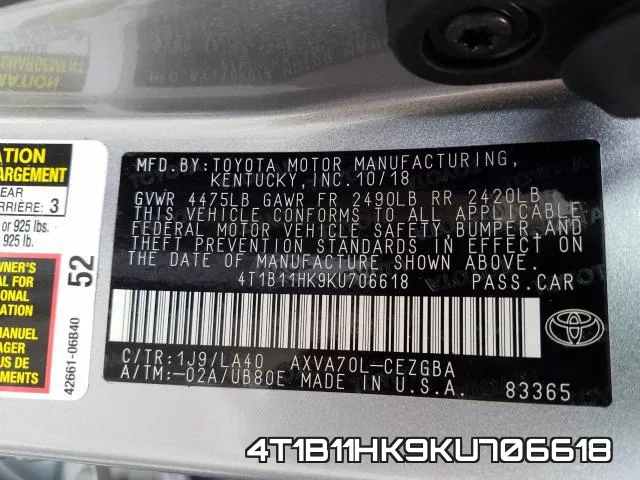 4T1B11HK9KU706618 фото 2