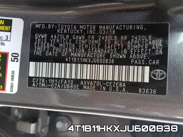 4T1B11HKXJU600838 фото 2