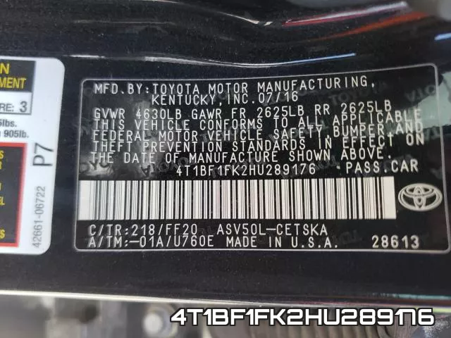 4T1BF1FK2HU289176 фото 2