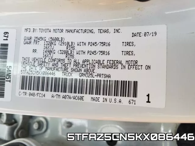 5TFAZ5CN5KX086446 фото 2